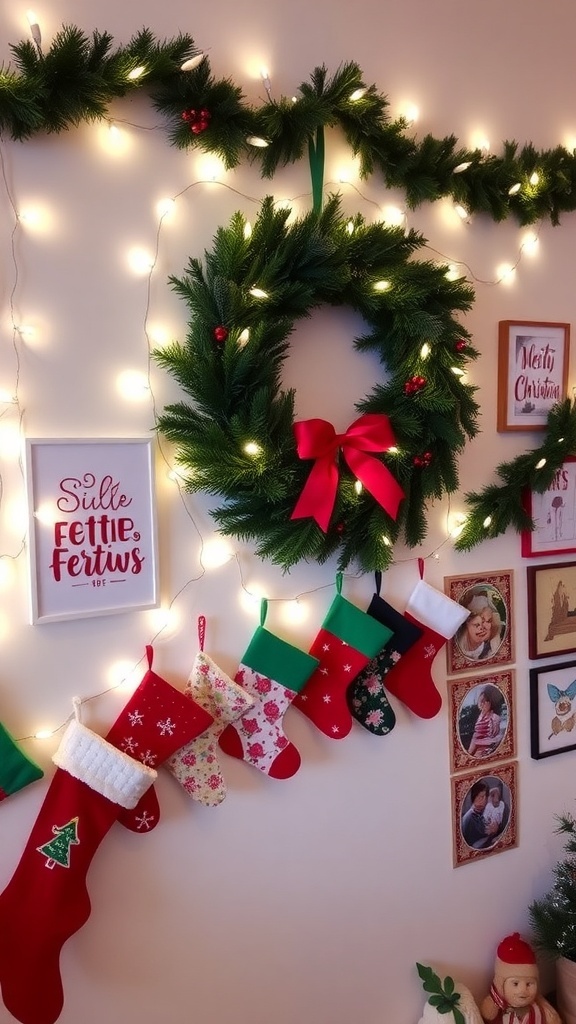 Christmas wall decor with wreath, lights, stockings, and garlands.
